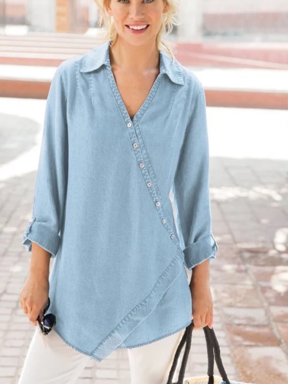 NWT Soft Surroundings Pale Blue Asymmetrical Button Washed Denim Tunic PM